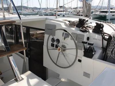 Cockpit of Shanti, a Fountaine Pajot Lucia 40 catamaran at Seget Donji, Croatia