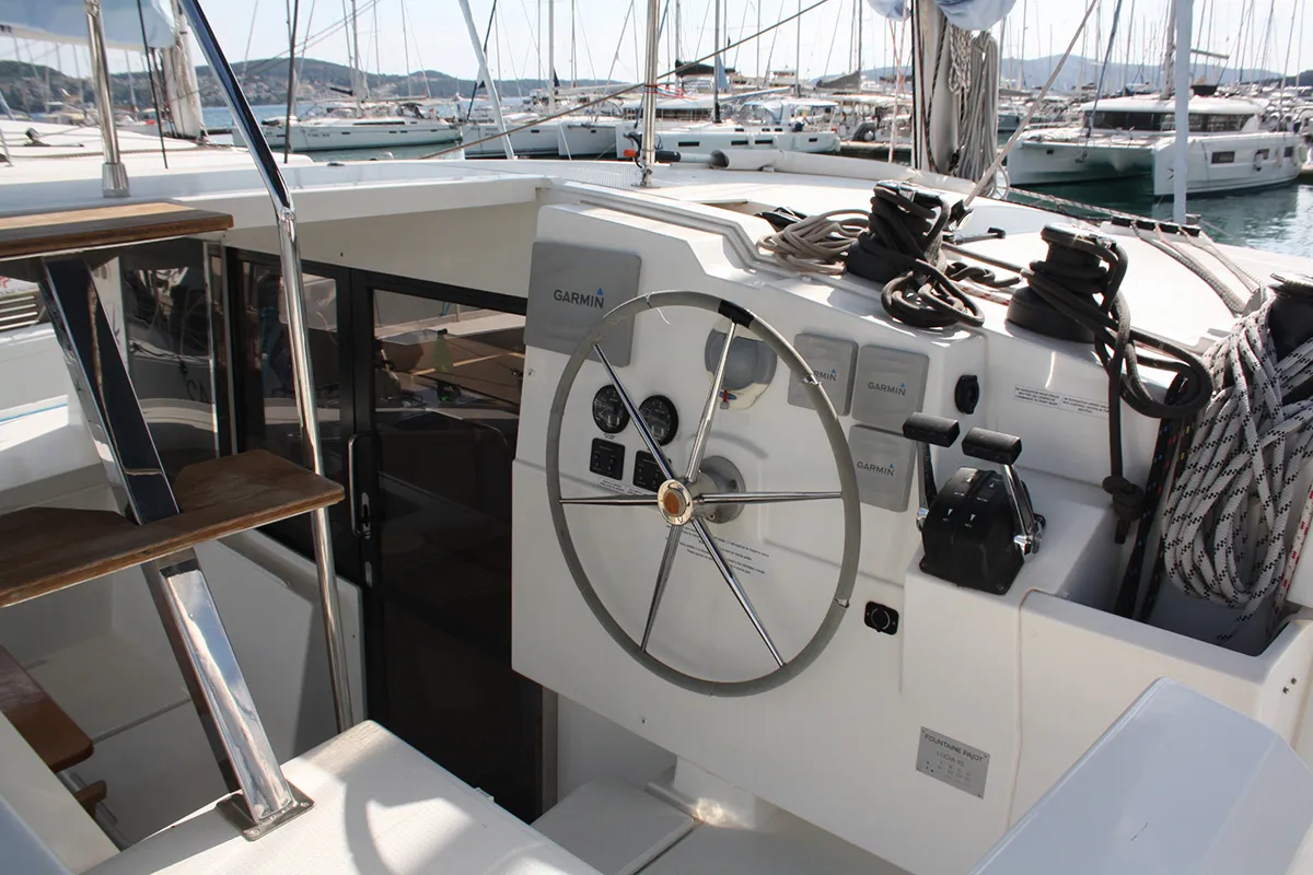 Cockpit of Shanti, a Fountaine Pajot Lucia 40 catamaran at Seget Donji, Croatia