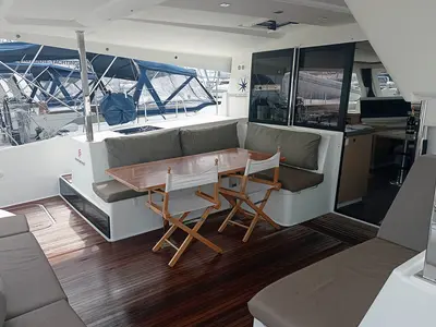 Deck of Shanti, a Fountaine Pajot Lucia 40 catamaran at Seget Donji, Croatia