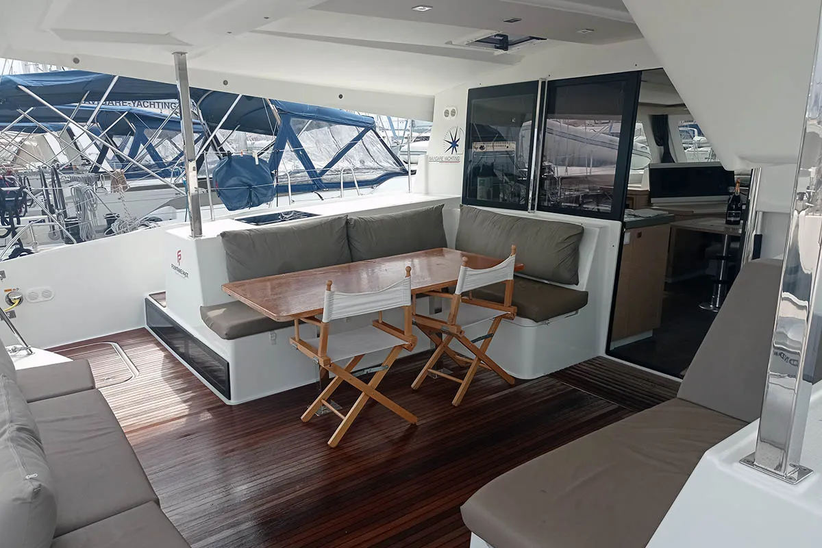 Deck of Shanti, a Fountaine Pajot Lucia 40 catamaran at Seget Donji, Croatia