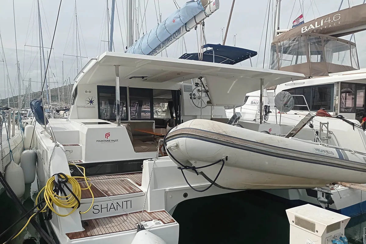 Exterior view of Shanti, a Fountaine Pajot Lucia 40 catamaran at Seget Donji, Croatia