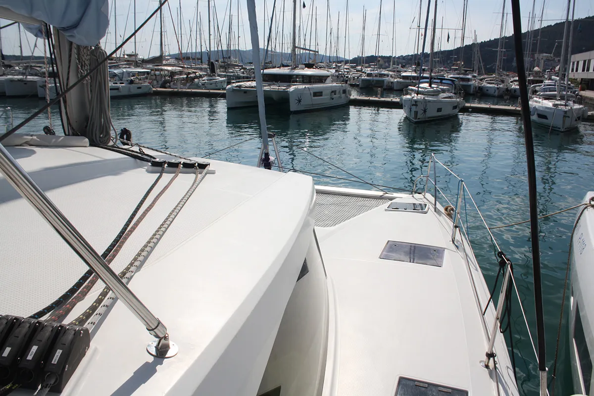 Deck of Shanti, a Fountaine Pajot Lucia 40 catamaran at Seget Donji, Croatia