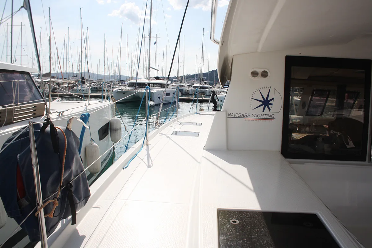 Deck of Shanti, a Fountaine Pajot Lucia 40 catamaran at Seget Donji, Croatia