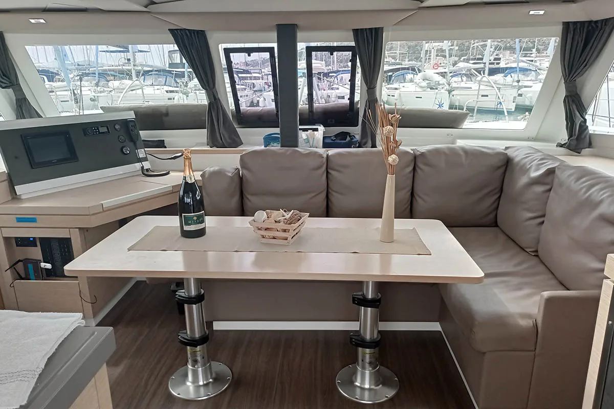 Salon of Shanti, a Fountaine Pajot Lucia 40 catamaran at Seget Donji, Croatia
