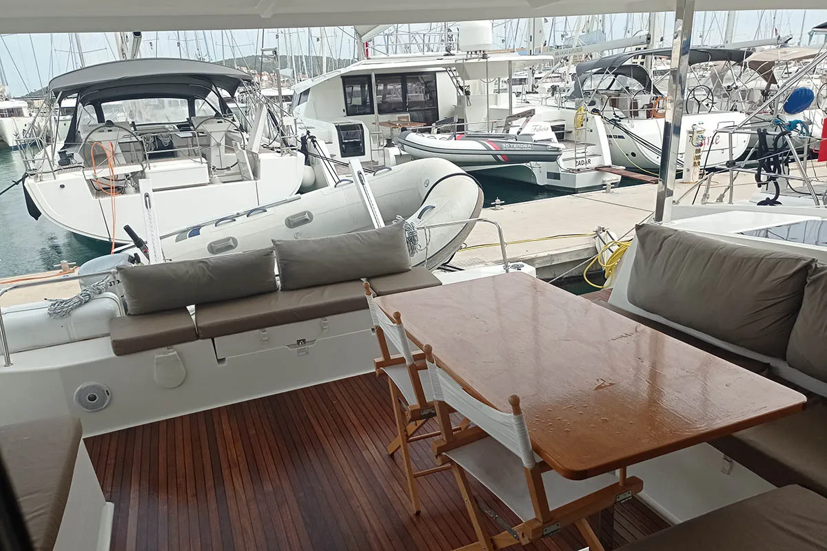 Deck of Shanti, a Fountaine Pajot Lucia 40 catamaran at Seget Donji, Croatia