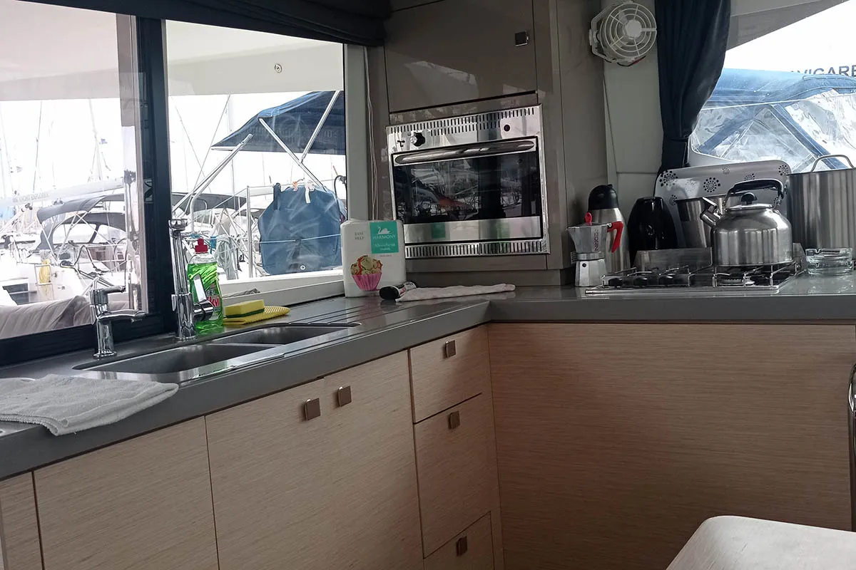 Galley of Shanti, a Fountaine Pajot Lucia 40 catamaran at Seget Donji, Croatia