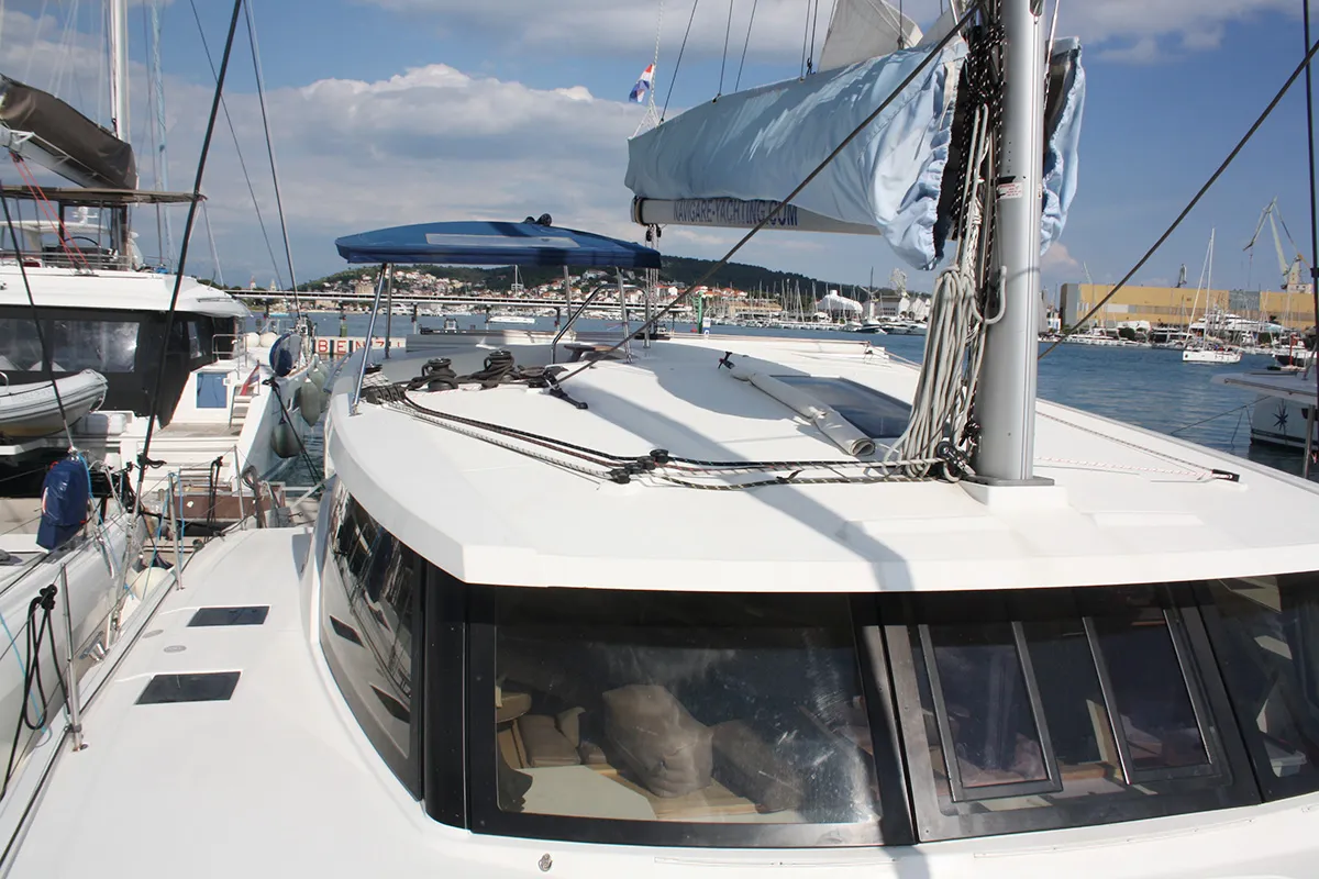 Deck of Shanti, a Fountaine Pajot Lucia 40 catamaran at Seget Donji, Croatia