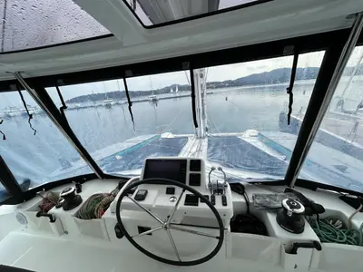 Cockpit of Sea Charme, a Lagoon 51 catamaran at Olbia, Italy