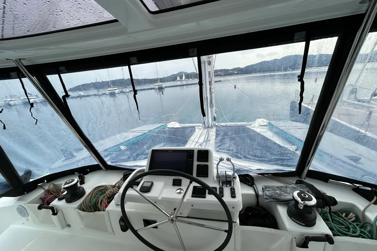 Cockpit of Sea Charme, a Lagoon 51 catamaran at Olbia, Italy