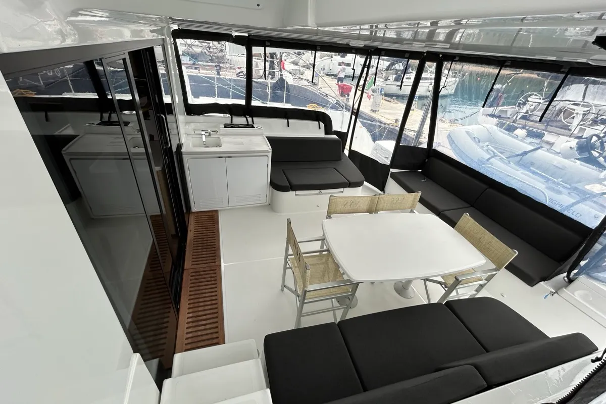 Deck of Sea Charme, a Lagoon 51 catamaran at Olbia, Italy