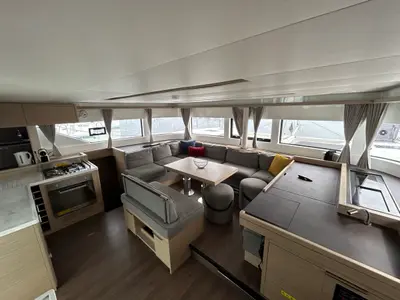 Salon of Sea Charme, a Lagoon 51 catamaran at Olbia, Italy