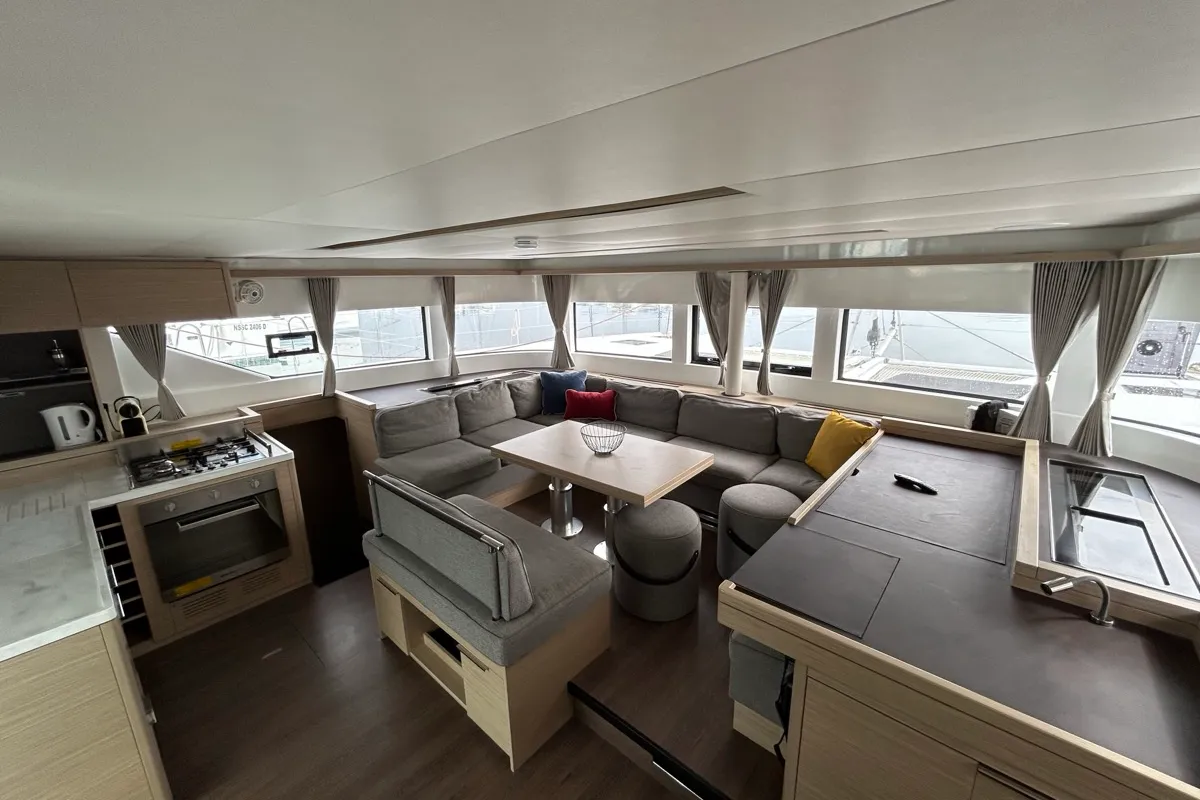 Salon of Sea Charme, a Lagoon 51 catamaran at Olbia, Italy