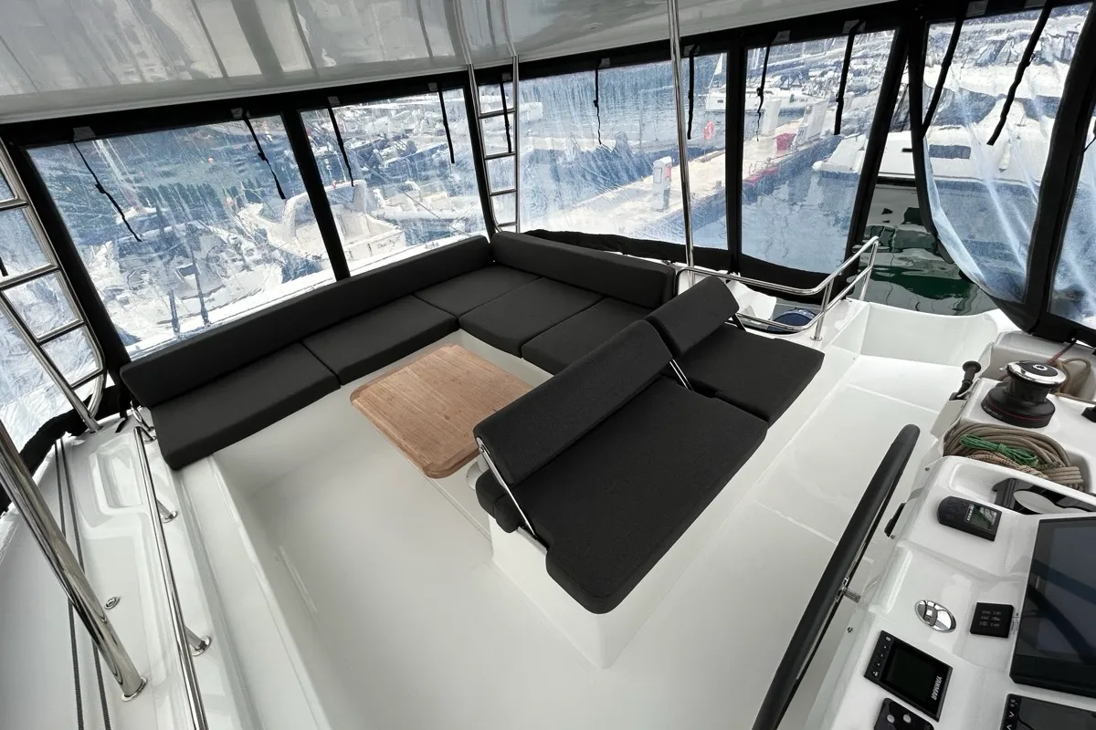Deck of Sea Charme, a Lagoon 51 catamaran at Olbia, Italy