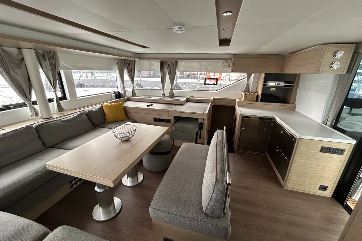 Salon of Sea Charme, a Lagoon 51 catamaran at Olbia, Italy