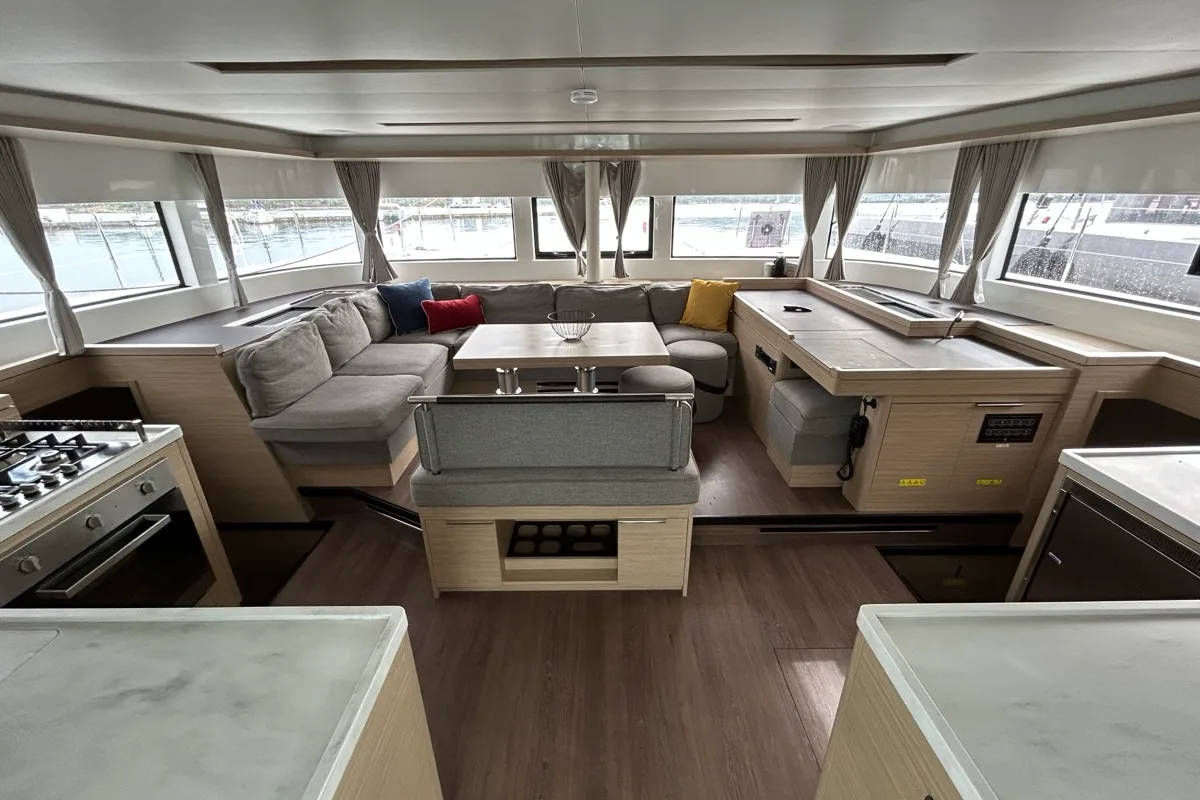 Salon of Sea Charme, a Lagoon 51 catamaran at Olbia, Italy