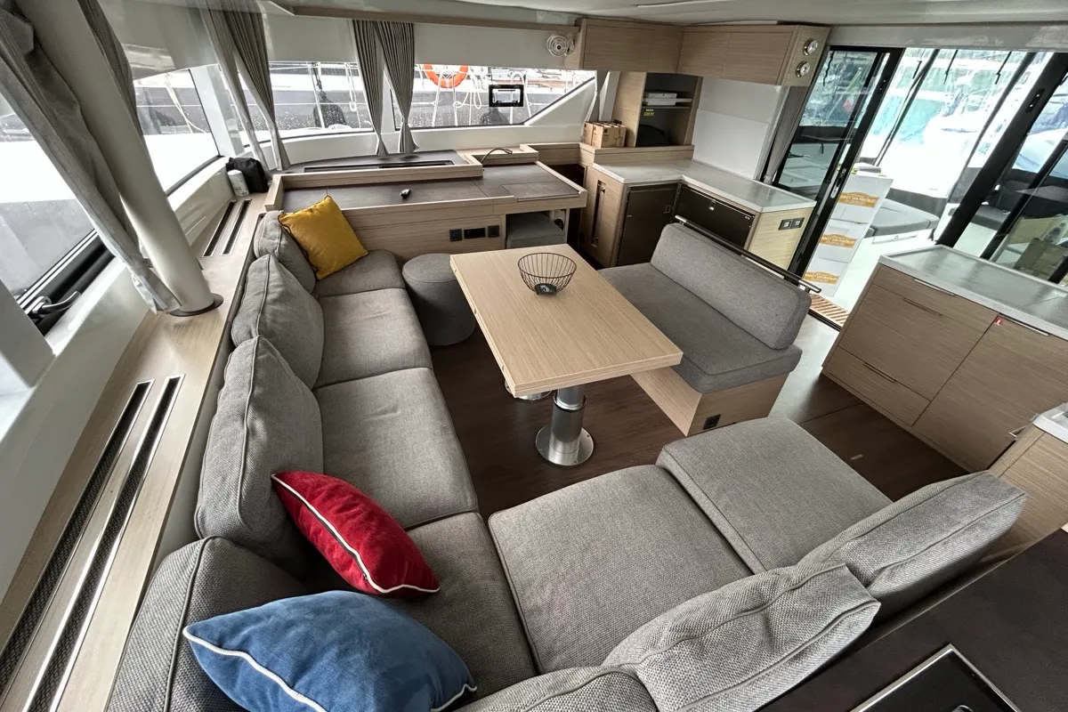 Salon of Sea Charme, a Lagoon 51 catamaran at Olbia, Italy