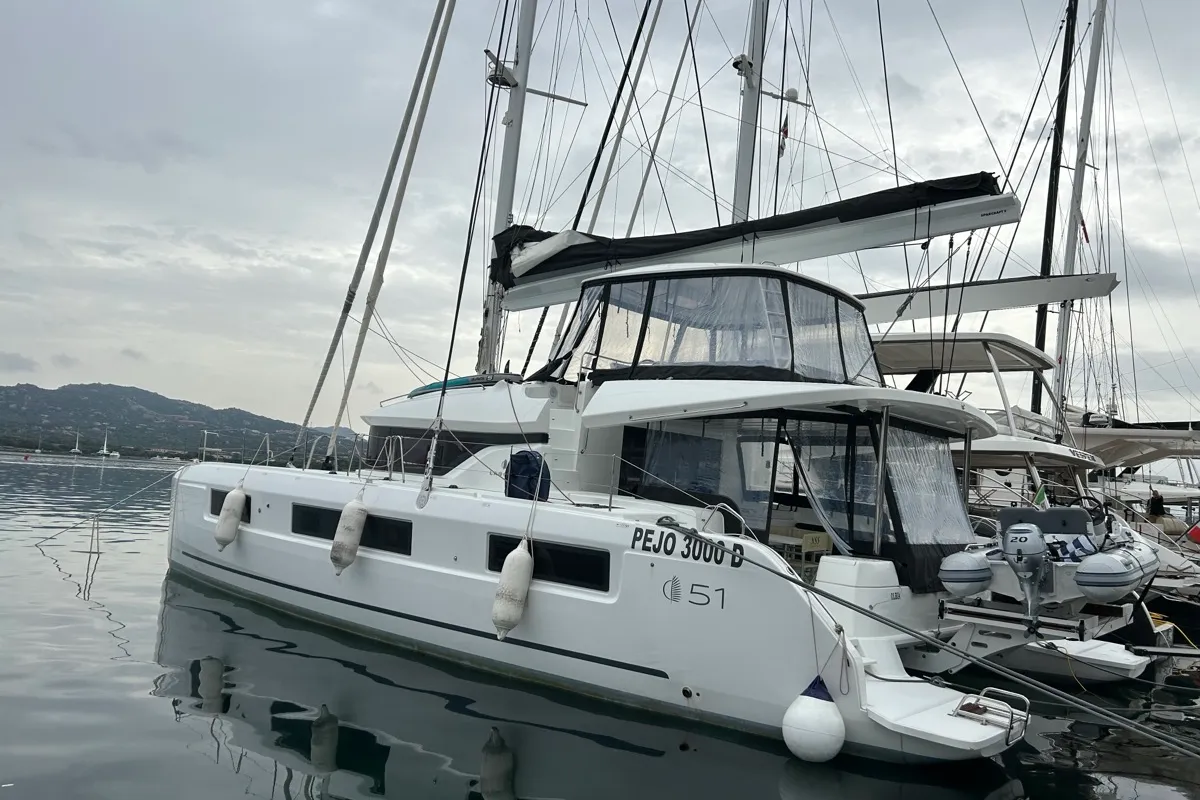 Exterior view of Sea Charme, a Lagoon 51 catamaran at Olbia, Italy