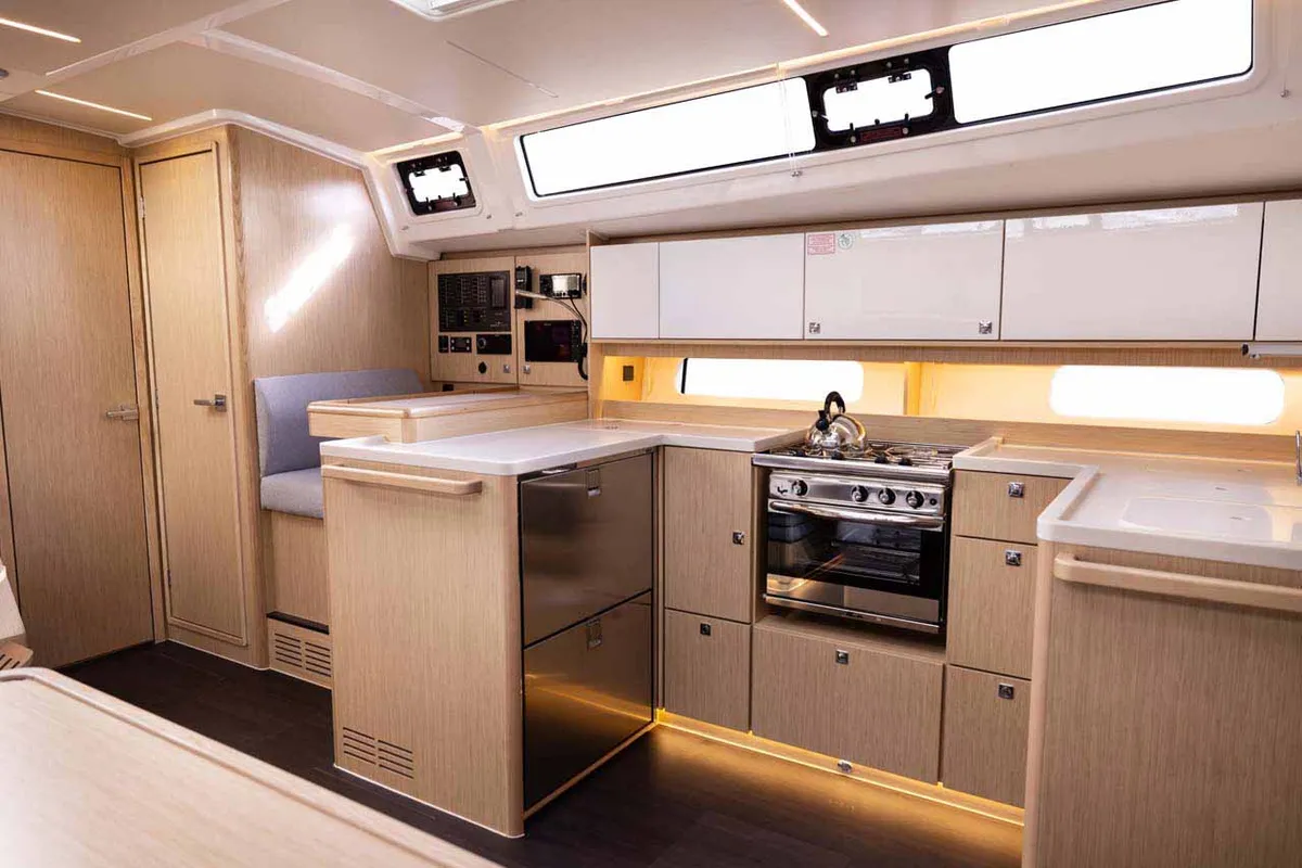 Galley of Moonlark, a Bavaria C46 sailboat at Jezera, Croatia