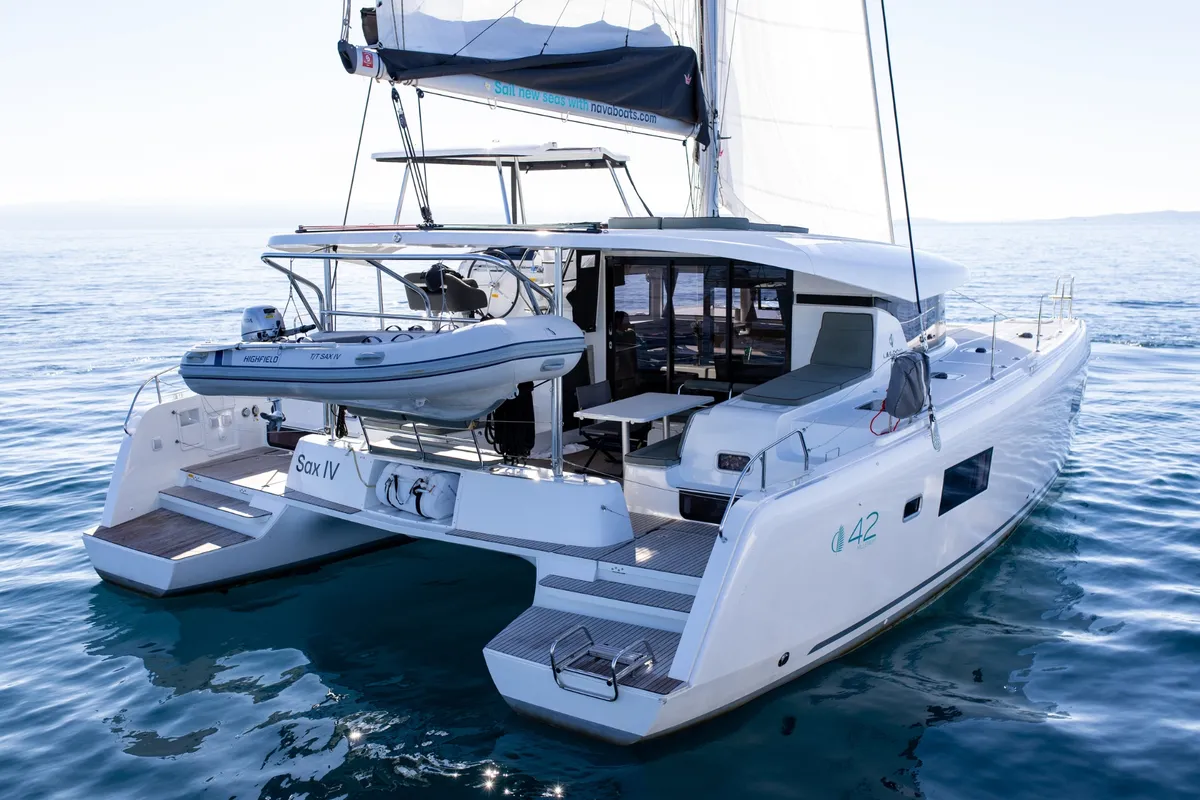 Exterior view of SAX IV, a Lagoon 42 catamaran at Split, Croatia
