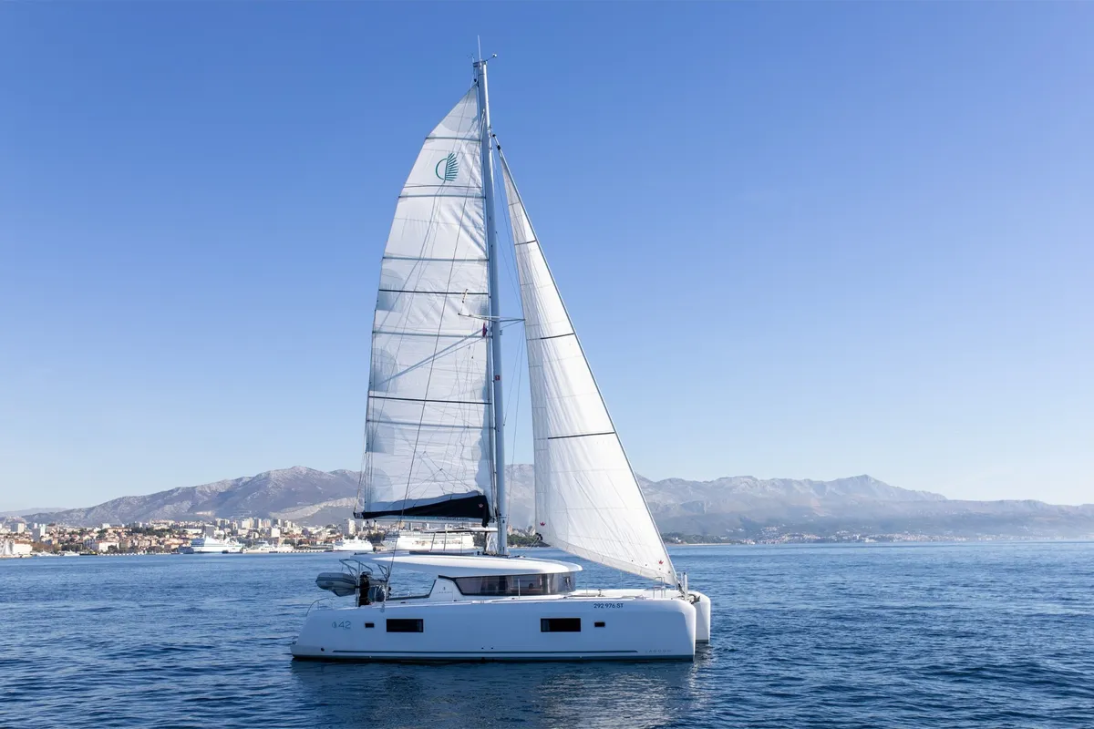 Exterior view of SAX IV, a Lagoon 42 catamaran at Split, Croatia