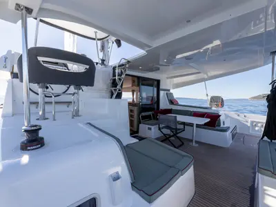 Deck of SAX IV, a Lagoon 42 catamaran at Split, Croatia