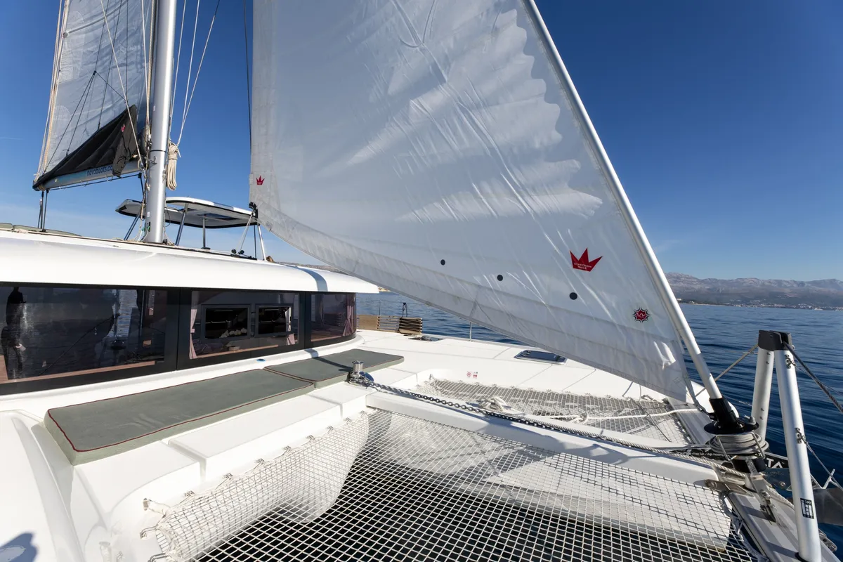 Deck of SAX IV, a Lagoon 42 catamaran at Split, Croatia