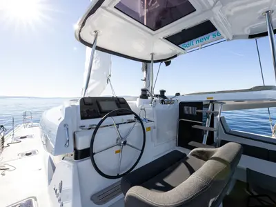 Cockpit of SAX IV, a Lagoon 42 catamaran at Split, Croatia