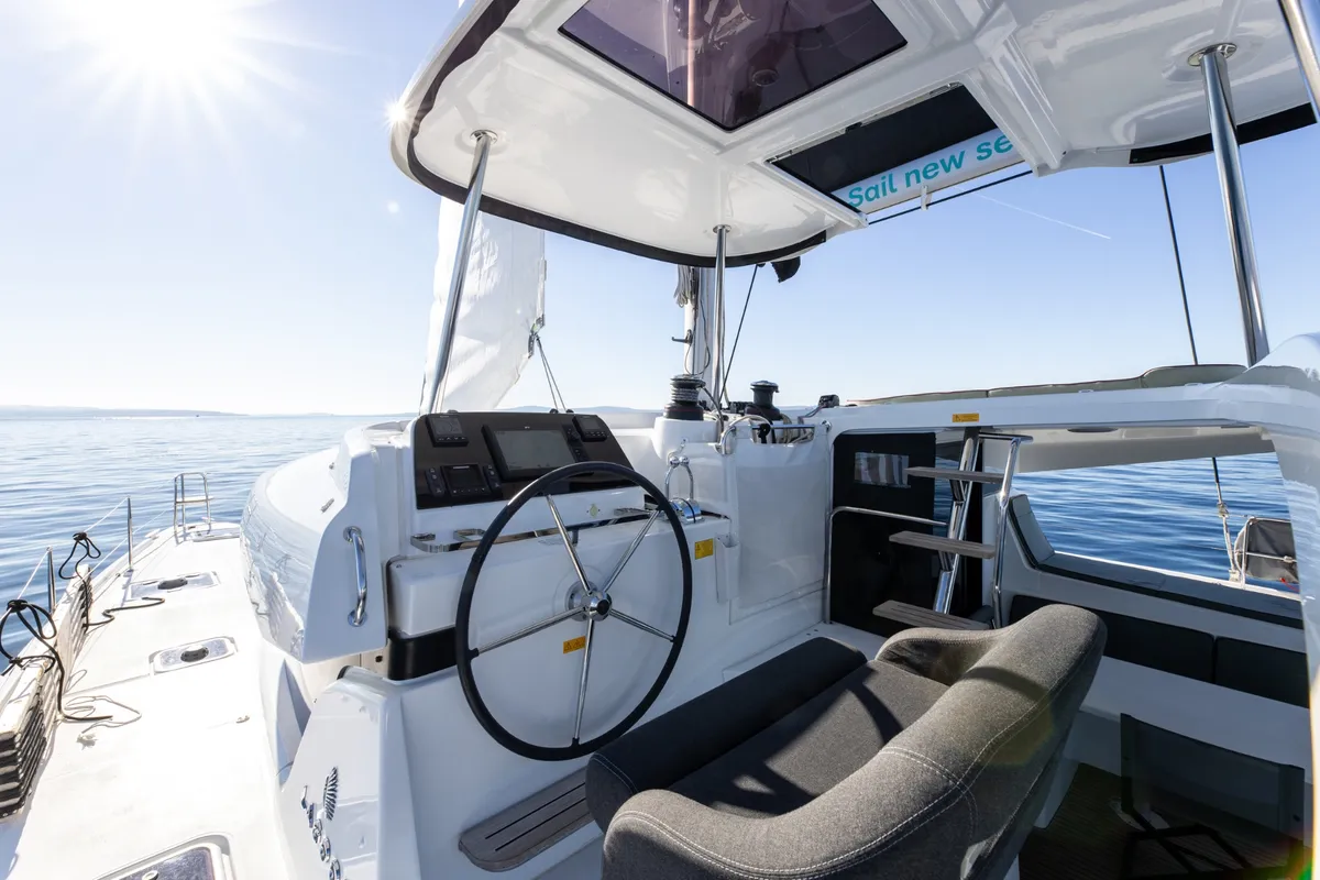 Cockpit of SAX IV, a Lagoon 42 catamaran at Split, Croatia