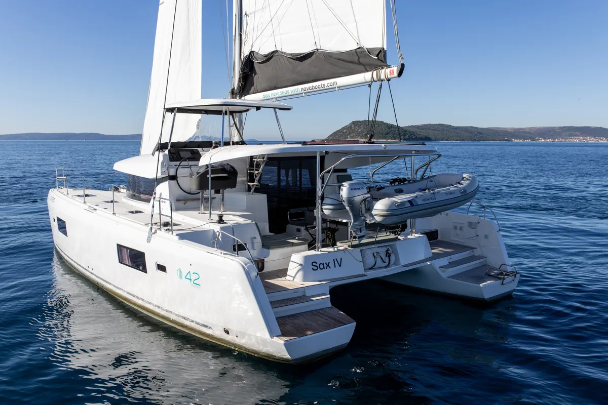 Exterior view of SAX IV, a Lagoon 42 catamaran at Split, Croatia