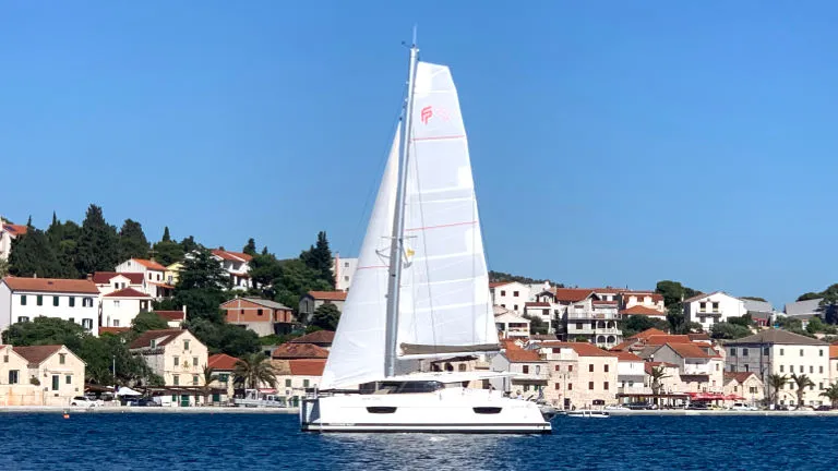 Exterior view of Leon, a Fountaine Pajot Lucia 40 catamaran at Općina Rogoznica, Croatia