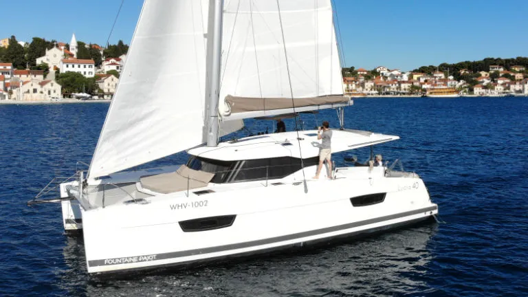 Exterior view of Leon, a Fountaine Pajot Lucia 40 catamaran at Općina Rogoznica, Croatia