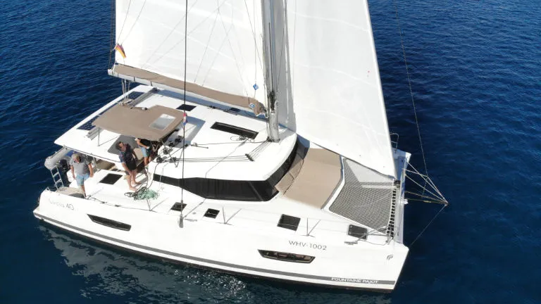 Exterior view of Leon, a Fountaine Pajot Lucia 40 catamaran at Općina Rogoznica, Croatia