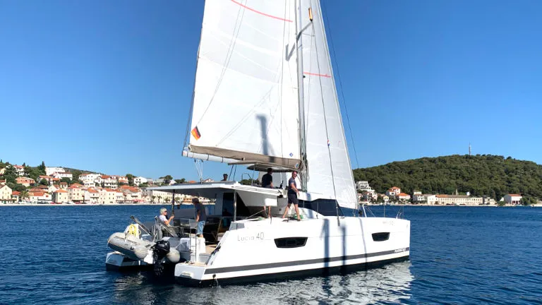 Exterior view of Leon, a Fountaine Pajot Lucia 40 catamaran at Općina Rogoznica, Croatia