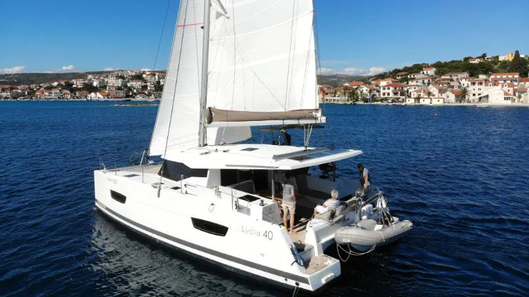 Exterior view of Leon, a Fountaine Pajot Lucia 40 catamaran at Općina Rogoznica, Croatia