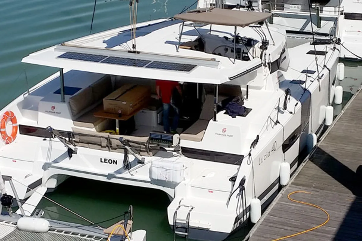 Exterior view of Leon, a Fountaine Pajot Lucia 40 catamaran at Općina Rogoznica, Croatia