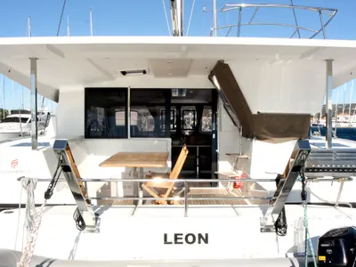 Deck of Leon, a Fountaine Pajot Lucia 40 catamaran at Općina Rogoznica, Croatia