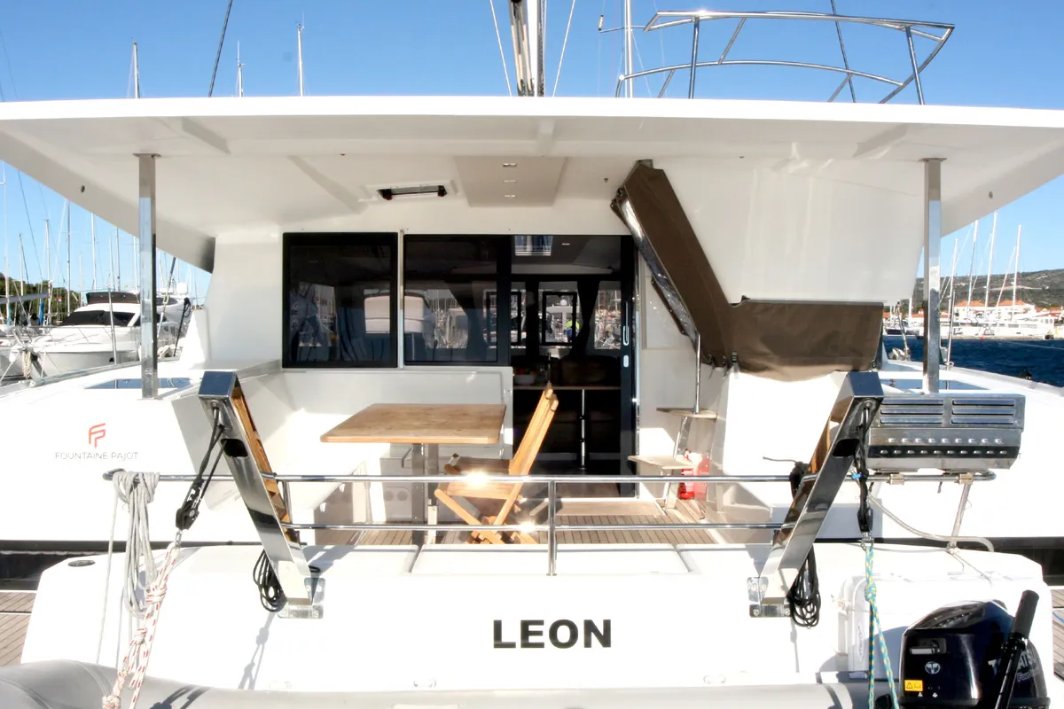 Deck of Leon, a Fountaine Pajot Lucia 40 catamaran at Općina Rogoznica, Croatia