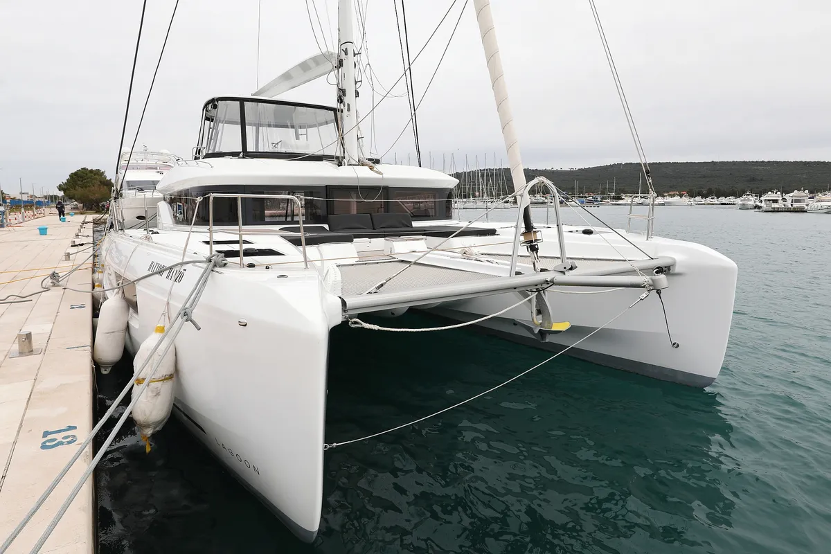 Exterior view of Hattori Hanzō, a Lagoon 51 catamaran at Općina Sukošan, Croatia