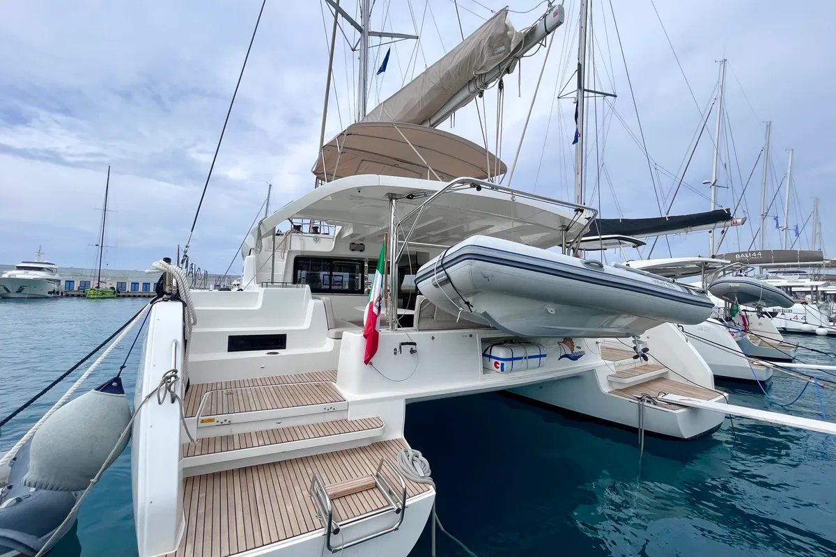 Exterior view of Baraonda, a Lagoon 46 catamaran at Capo d'Orlando, Italy