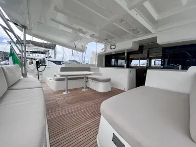 Deck of Baraonda, a Lagoon 46 catamaran at Capo d'Orlando, Italy