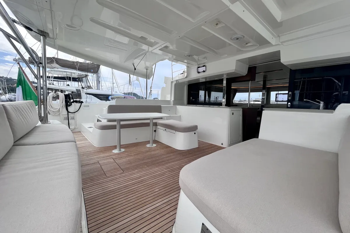 Deck of Baraonda, a Lagoon 46 catamaran at Capo d'Orlando, Italy