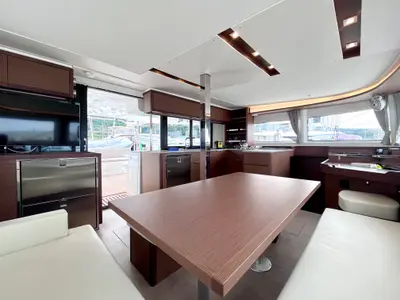 Salon of Baraonda, a Lagoon 46 catamaran at Capo d'Orlando, Italy