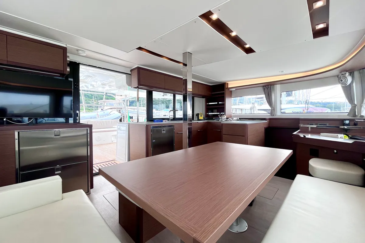 Salon of Baraonda, a Lagoon 46 catamaran at Capo d'Orlando, Italy