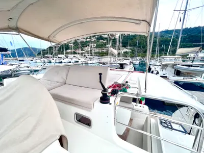 Cockpit of Baraonda, a Lagoon 46 catamaran at Capo d'Orlando, Italy