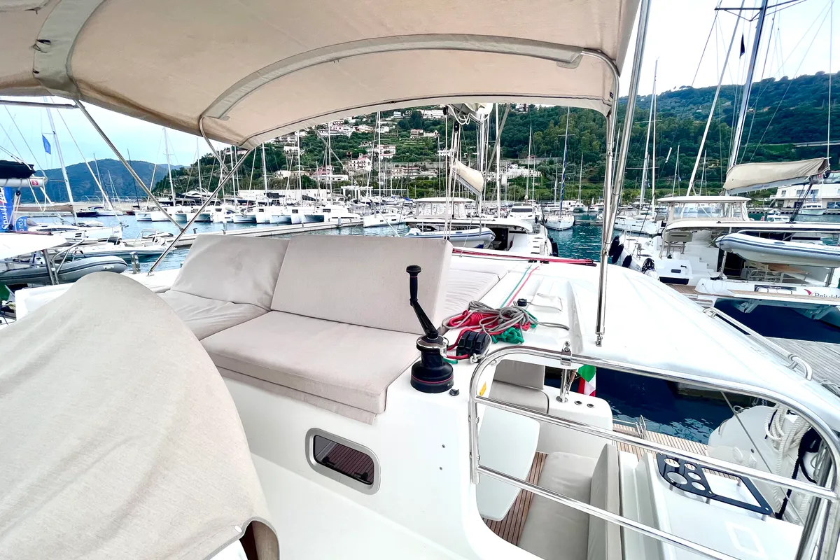 Cockpit of Baraonda, a Lagoon 46 catamaran at Capo d'Orlando, Italy