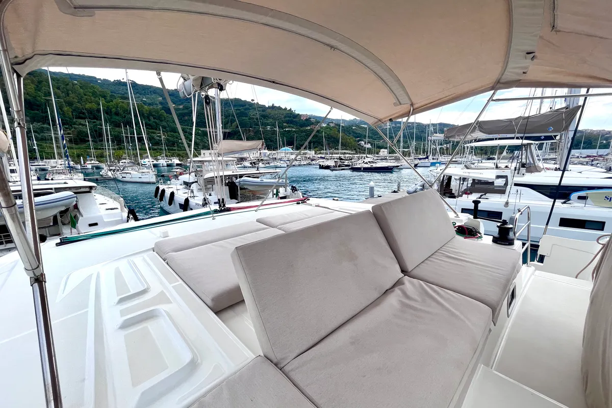 Deck of Baraonda, a Lagoon 46 catamaran at Capo d'Orlando, Italy