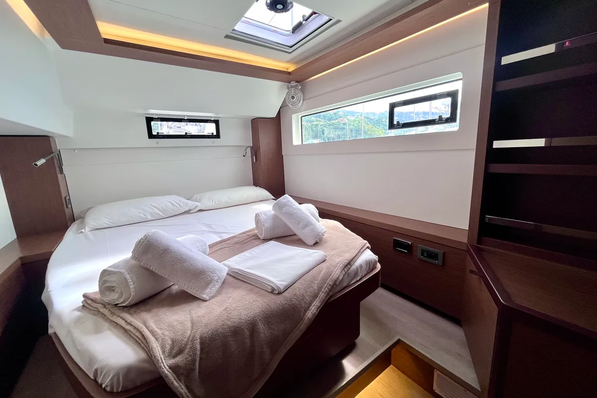 Cabin on Baraonda, a Lagoon 46 catamaran at Capo d'Orlando, Italy