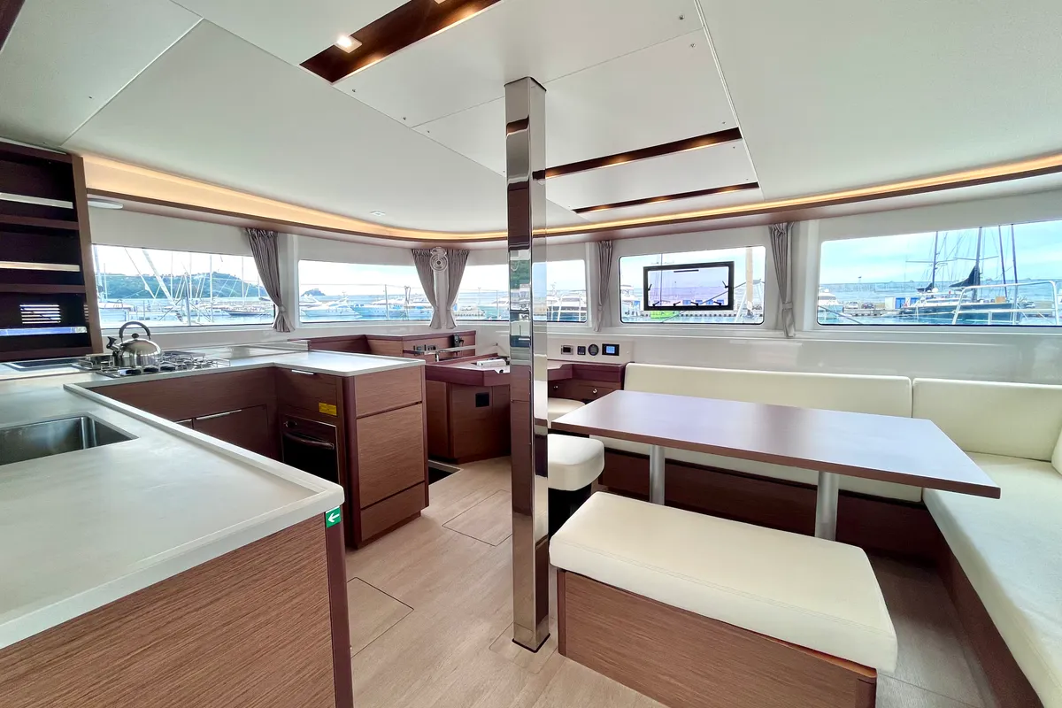 Salon of Baraonda, a Lagoon 46 catamaran at Capo d'Orlando, Italy