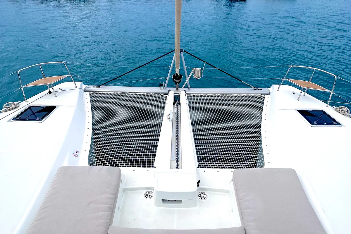 Deck of Baraonda, a Lagoon 46 catamaran at Capo d'Orlando, Italy