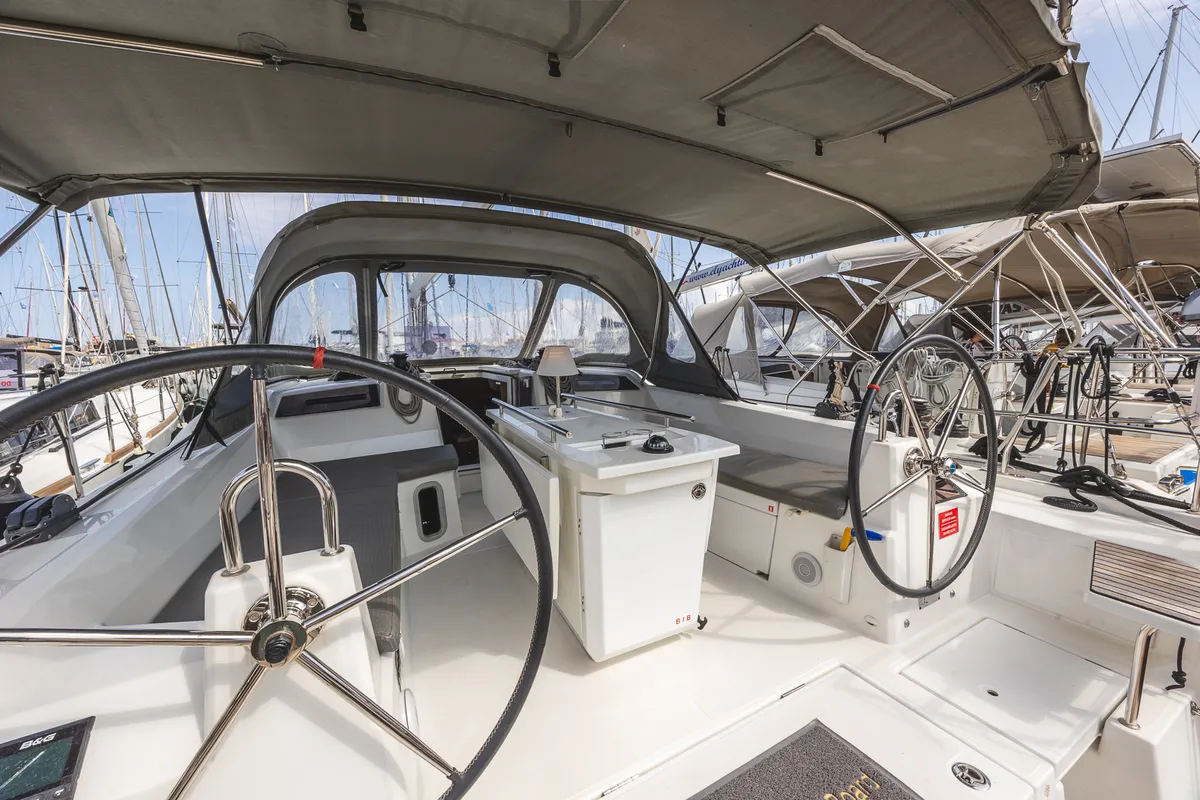 Cockpit of Elma Built 2022, a Beneteau Oceanis 40.1 sailboat at Municipal Unit of Lefkada, Greece